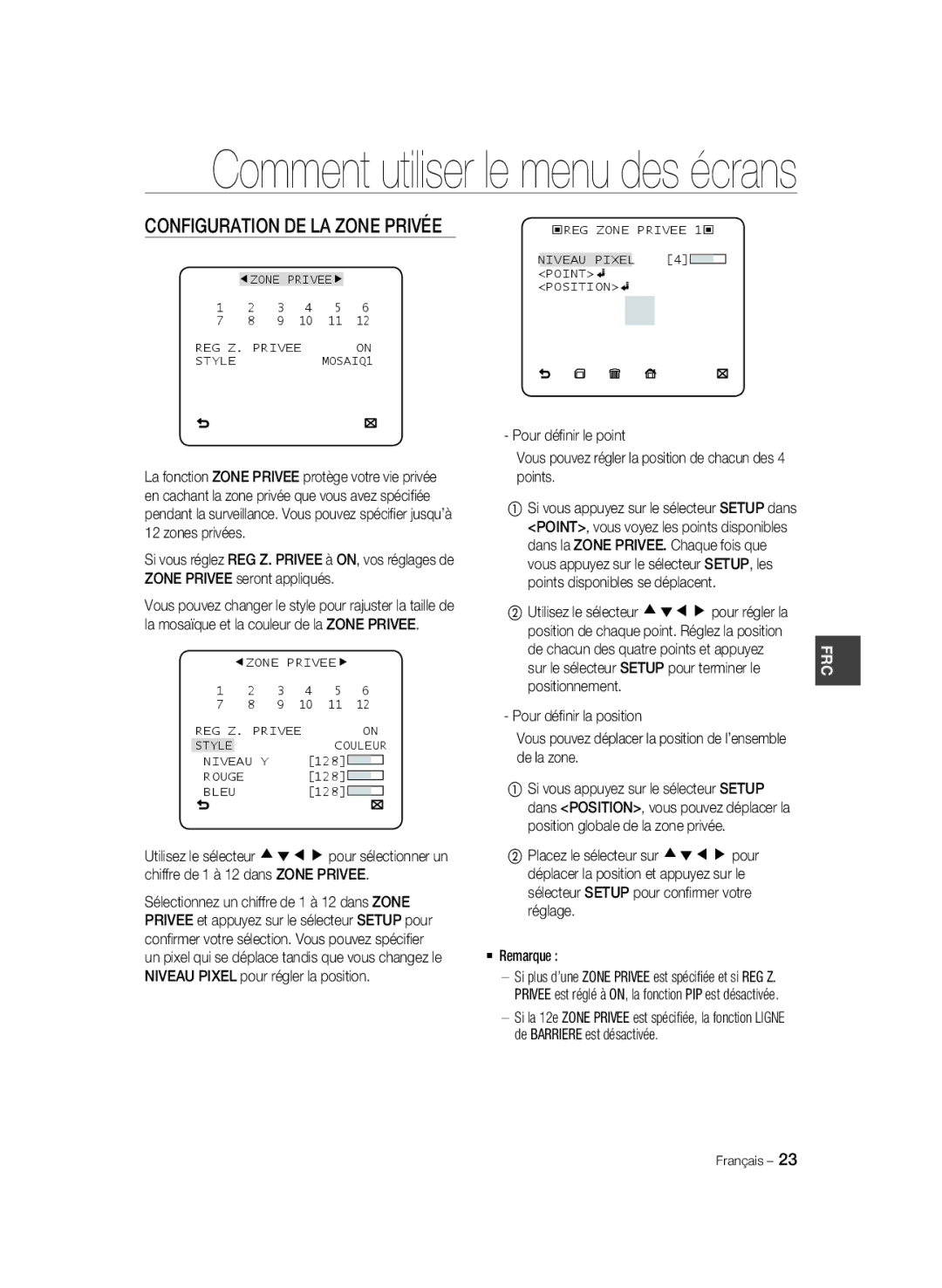 Samsung SCC-B1331BP, SCC-B1031P, SCC-B1331P De chacun des quatre points et appuyez, Sur le sélecteur Setup pour terminer le 