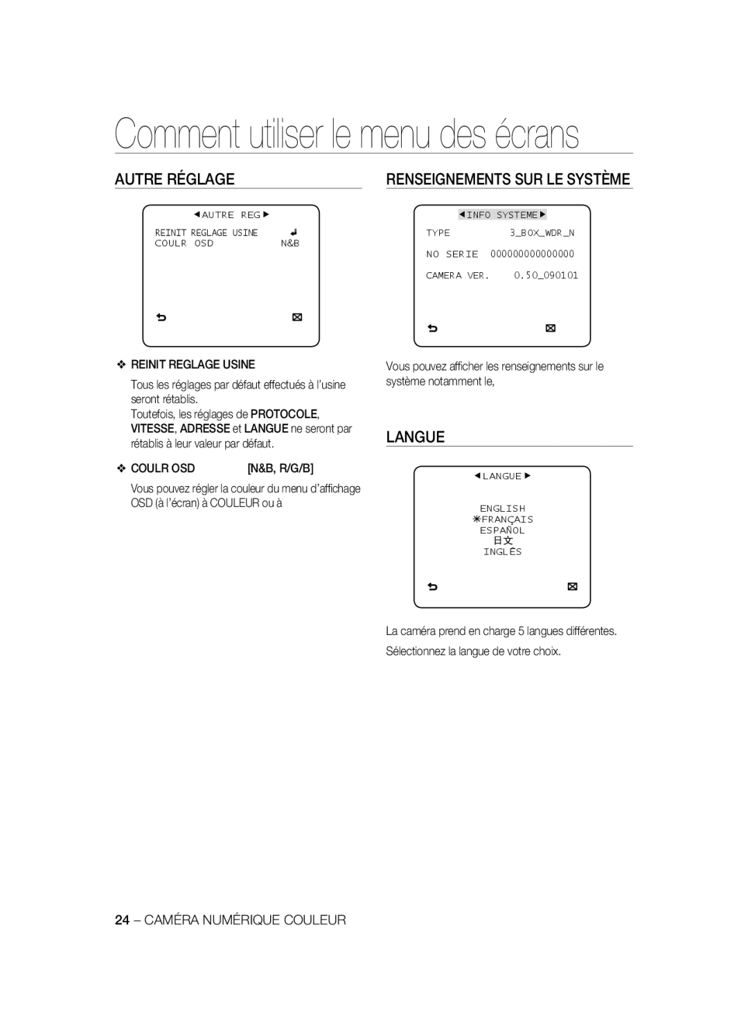 Samsung SCC-B1311P, SCC-B1031P manual Autre Réglage, Langue, Renseignements SUR LE Système, Reinit Reglage Usine, Coulr OSD 