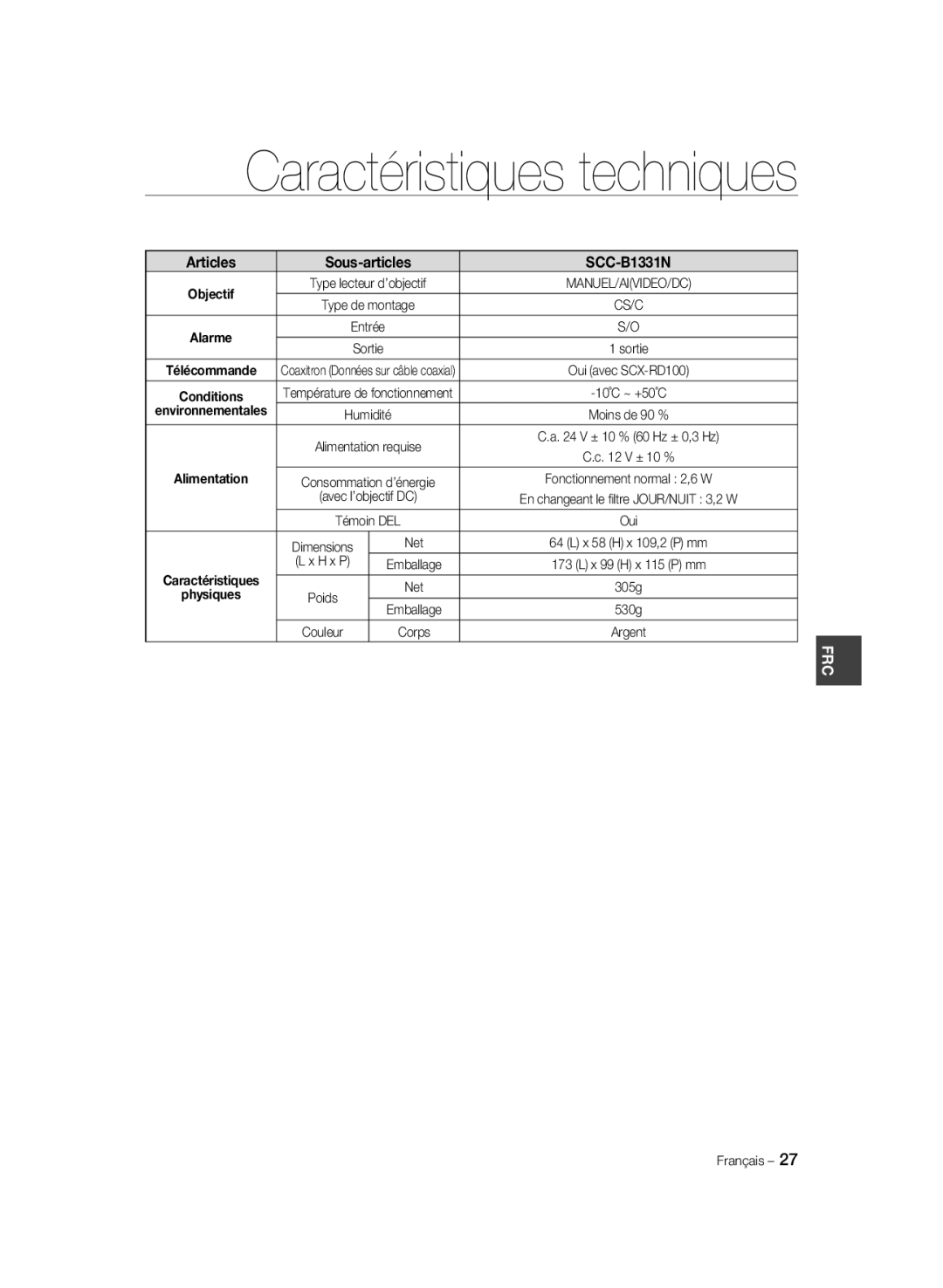 Samsung SCC-B1331P, SCC-B1031P, SCC-B1331BP, SCC-B1311P, SCC-B1031BP manual Caractéristiques techniques 