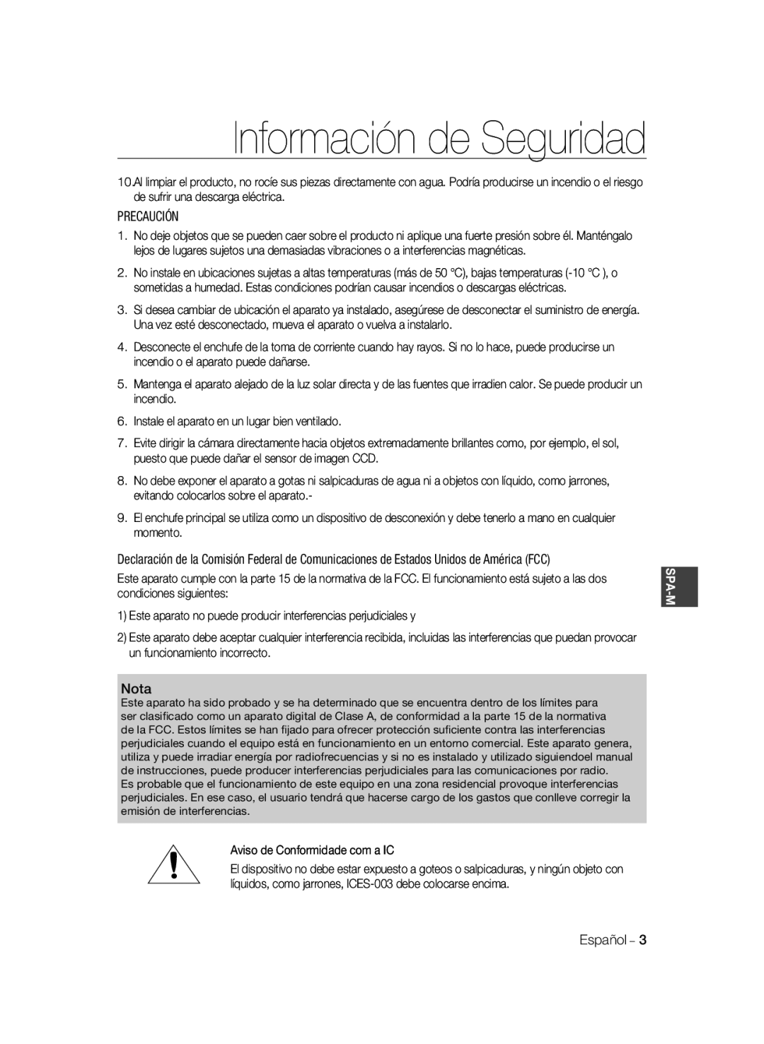 Samsung SCC-B1331BP, SCC-B1031P, SCC-B1331P, SCC-B1311P, SCC-B1031BP manual Precaución, Aviso de Conformidade com a IC, Español 