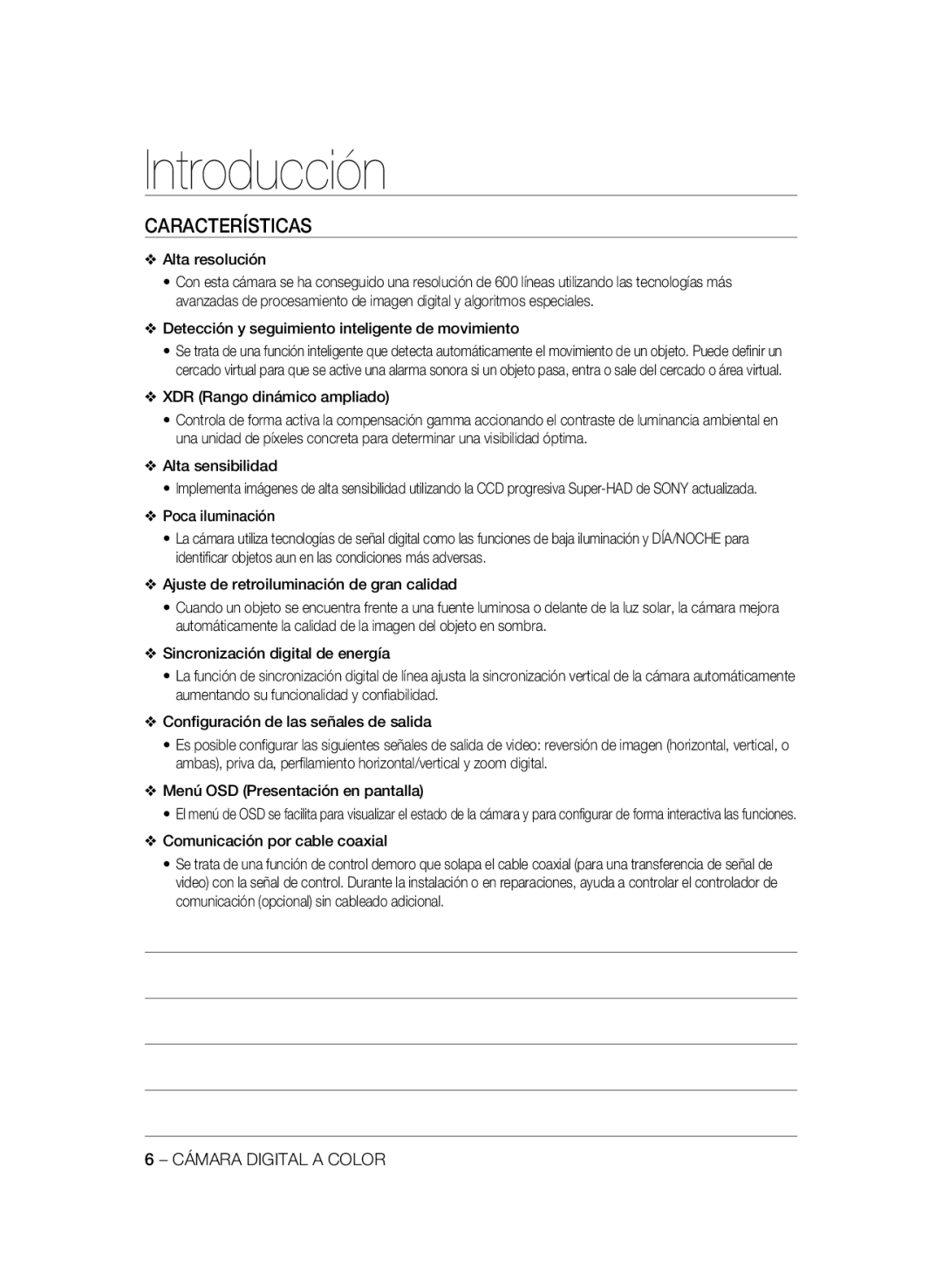 Samsung SCC-B1031P, SCC-B1331P, SCC-B1331BP, SCC-B1311P, SCC-B1031BP manual Introducción, Características 