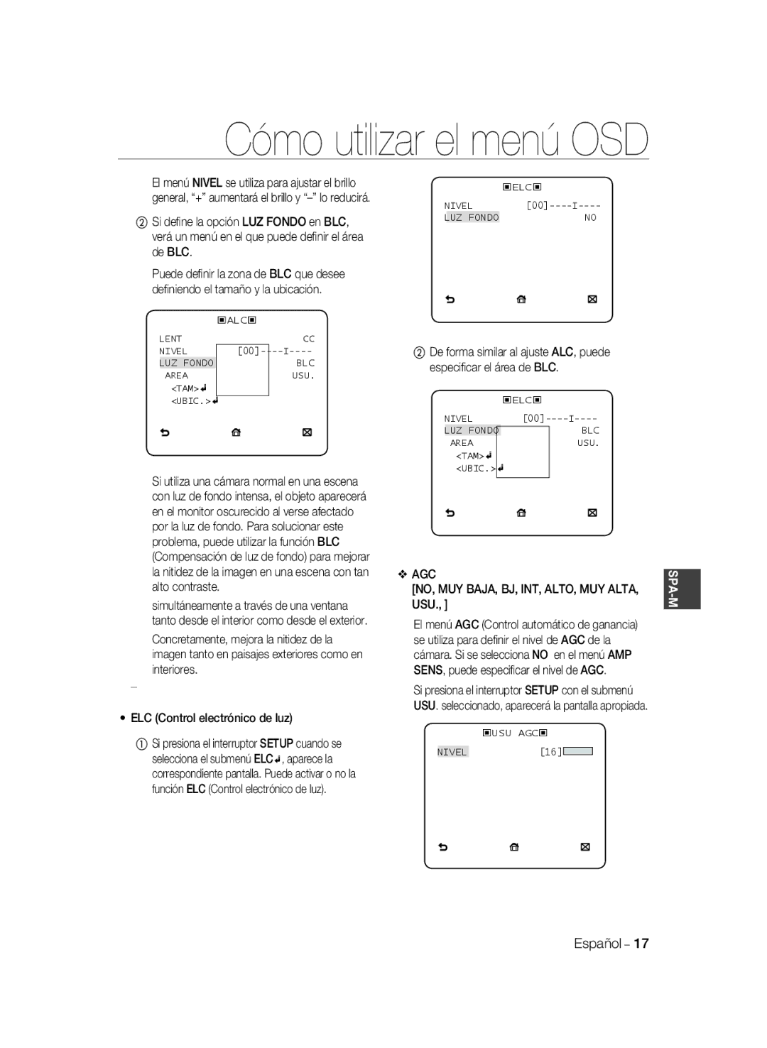 Samsung SCC-B1331P, SCC-B1031P, SCC-B1331BP manual Cómo utilizar el menú OSD, Agc No, Muy Baja, Bj, Int, Alto, Muy Alta, Usu 