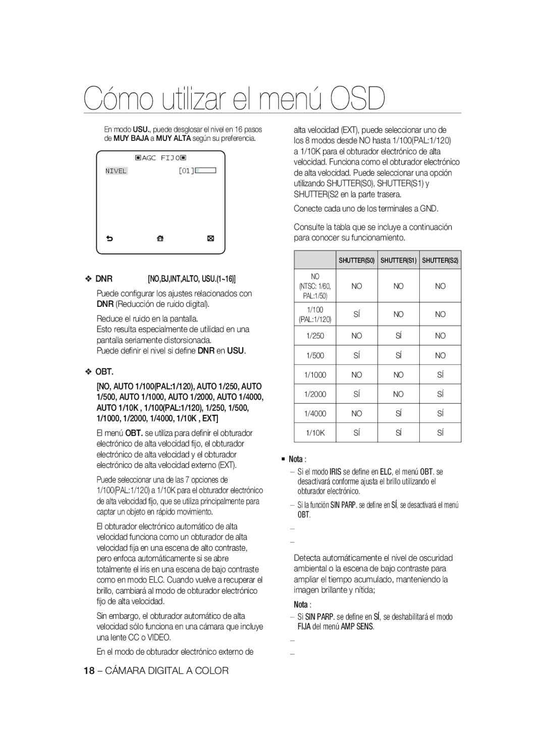 Samsung SCC-B1331BP, SCC-B1031P manual Dnr, Reduce el ruido en la pantalla, Obt, Conecte cada uno de los terminales a GND 