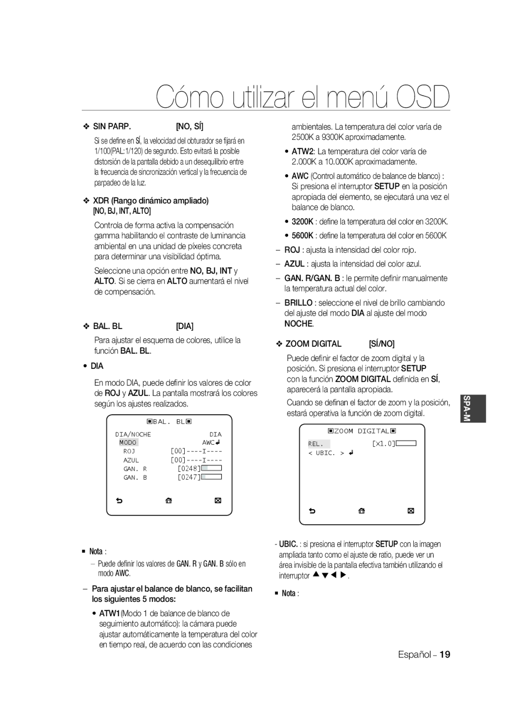 Samsung SCC-B1311P, SCC-B1031P, SCC-B1331P, SCC-B1331BP manual SIN Parp, Bal. Bl, Dia, Noche Zoom Digital,  Nota Español 