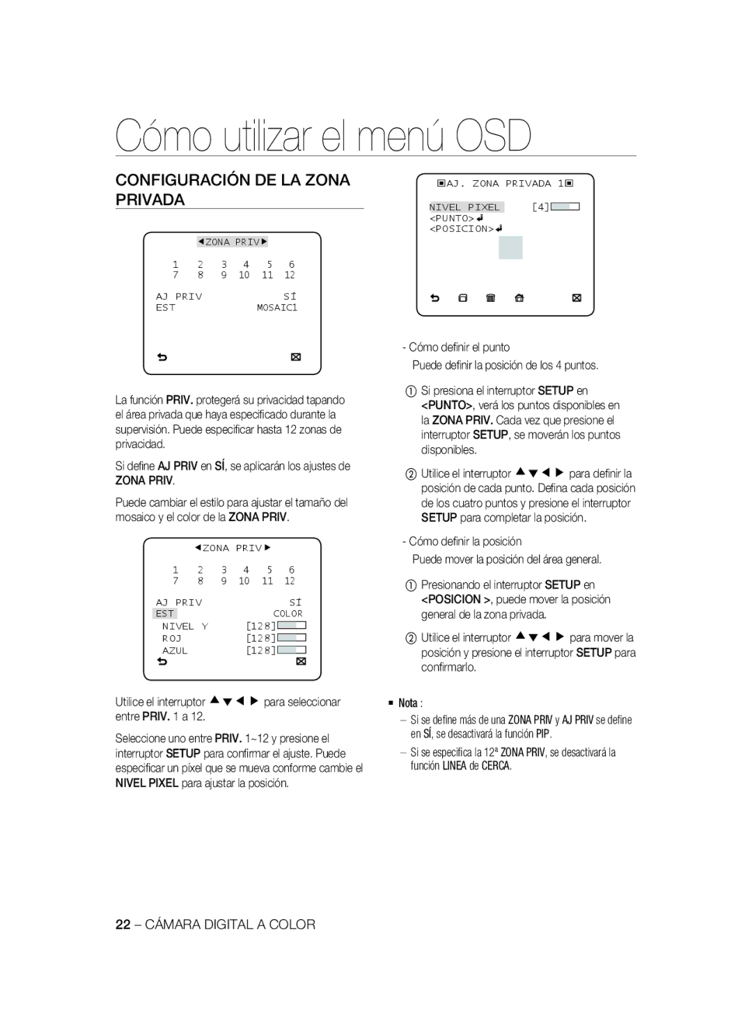 Samsung SCC-B1331P, SCC-B1031P Configuración DE LA Zona Privada, Utilice el interruptor cdef para seleccionar entre Priv a 