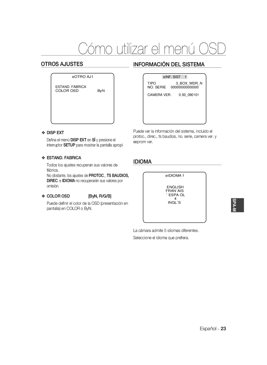 Samsung SCC-B1331BP, SCC-B1031P, SCC-B1331P, SCC-B1311P manual Otros Ajustes, Idioma, Disp EXT, ESTAND. Fabrica, Color OSD 