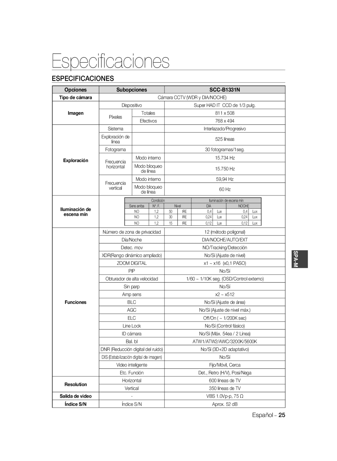 Samsung SCC-B1031BP, SCC-B1031P, SCC-B1331P, SCC-B1331BP, SCC-B1311P manual Especiﬁcaciones, Especificaciones 