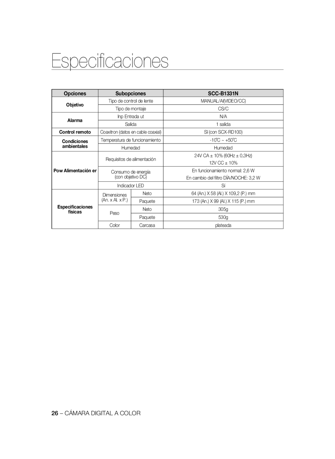 Samsung SCC-B1031P, SCC-B1331P, SCC-B1331BP, SCC-B1311P manual Opciones Subopciones SCC-B1331N, 26 Cámara Digital a Color 