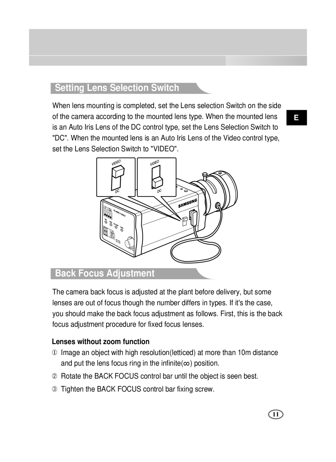 Samsung SCC-B1391P/SAU, SCC-B1091P manual Setting Lens Selection Switch, Back Focus Adjustment, Lenses without zoom function 