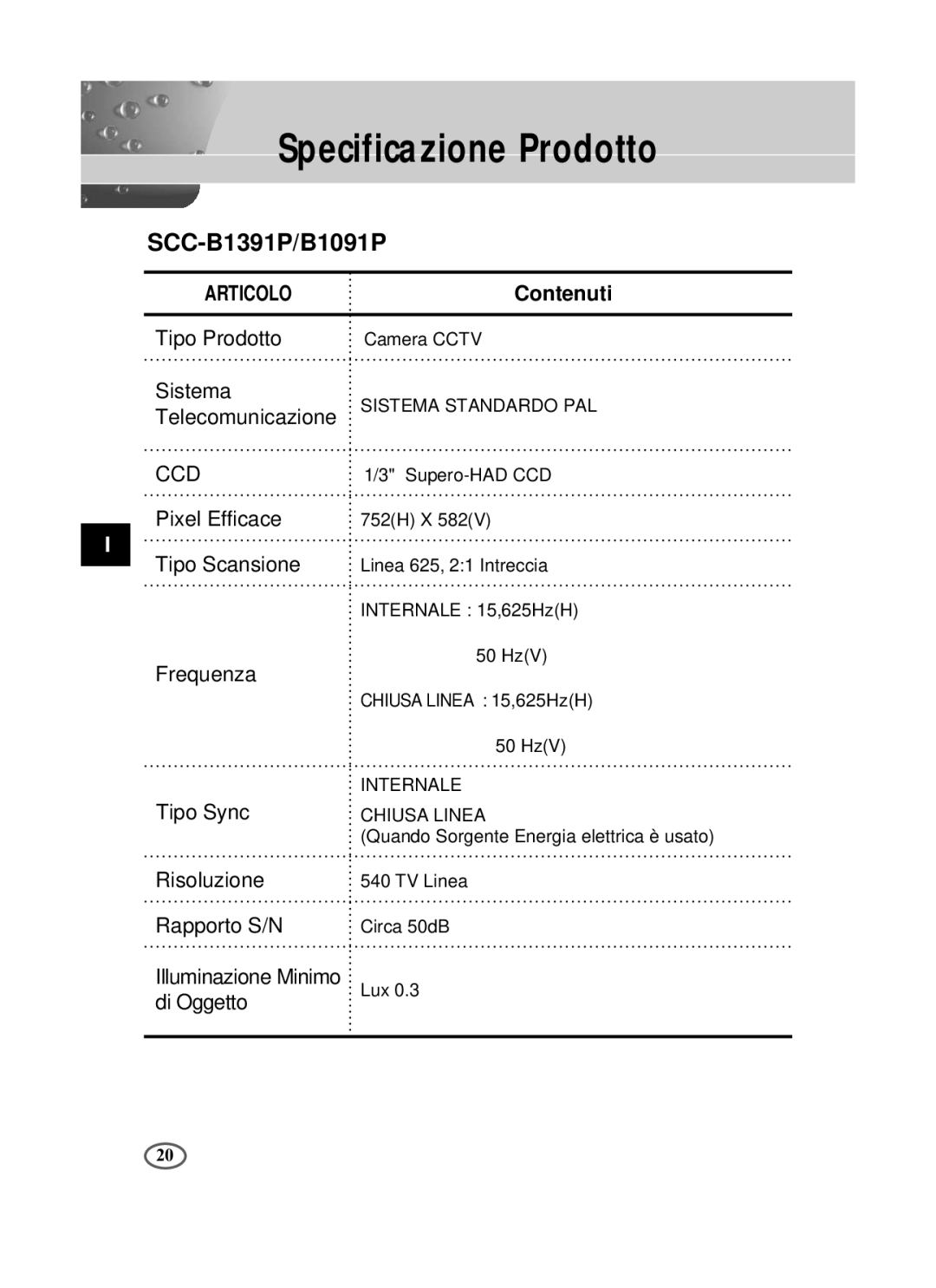 Samsung SCC-B1391P/SAU, SCC-B1091P/TRK, SCC-B1391P/TRK manual Specificazione Prodotto, Contenuti 