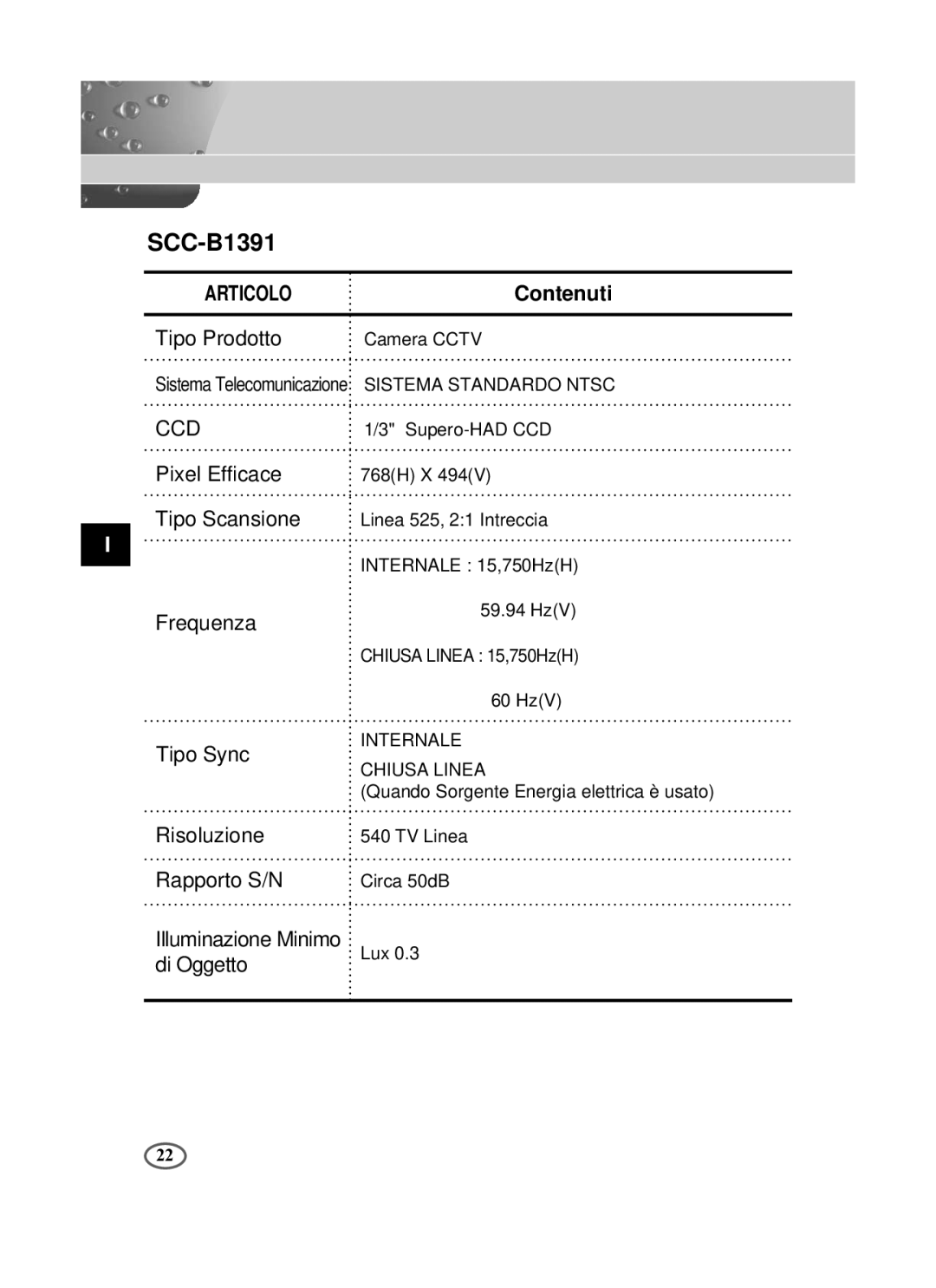 Samsung SCC-B1091P/TRK, SCC-B1391P/SAU, SCC-B1391P/TRK manual Sistema Telecomunicazione Sistema Standardo Ntsc 