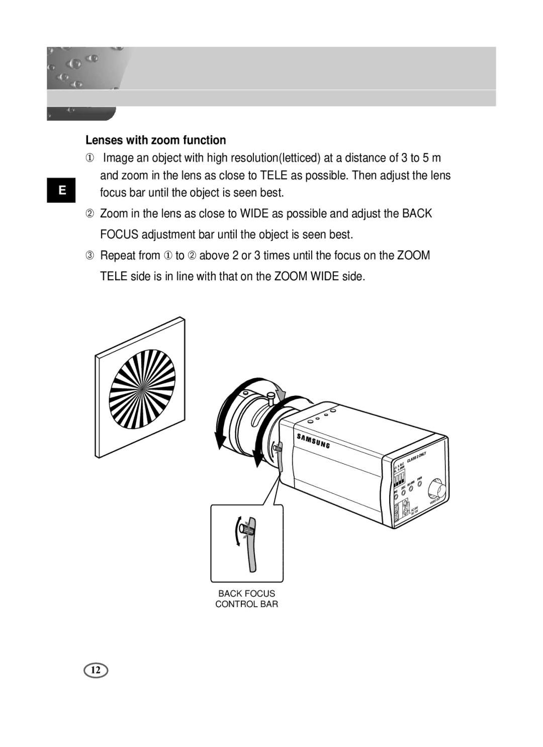 Samsung SCC-B1391P/SAU, SCC-B1091P/TRK manual Lenses with zoom function, Focus bar until the object is seen best 