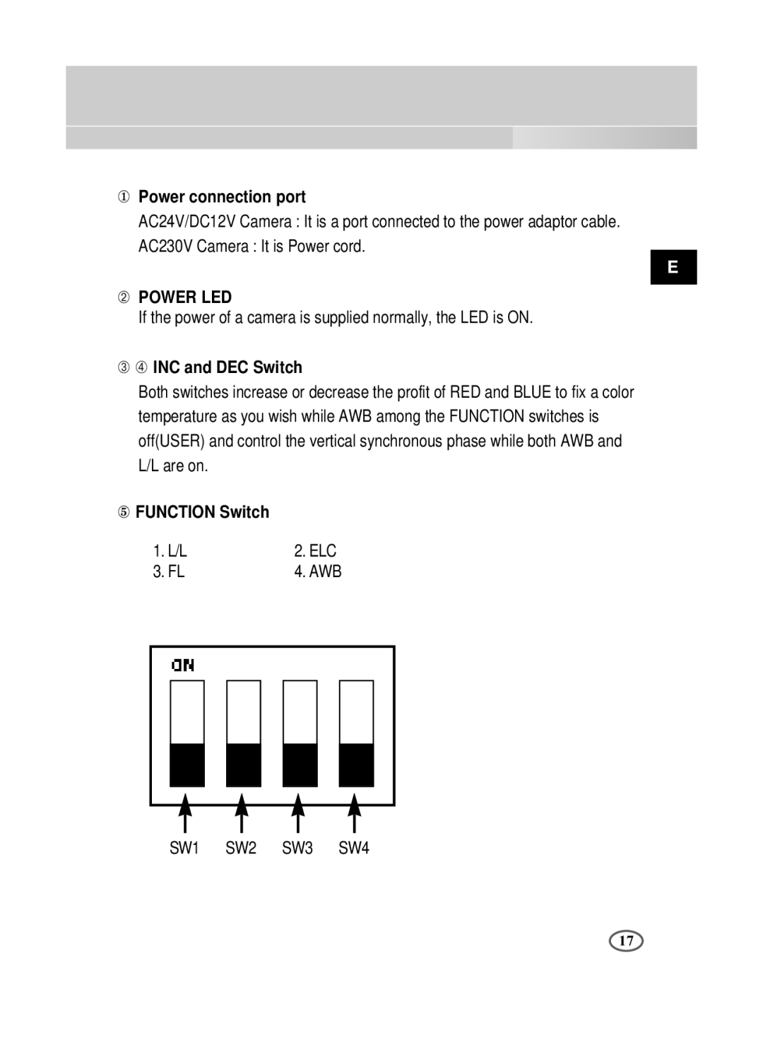 Samsung SCC-B1391P/SAU, SCC-B1091P/TRK manual ① Power connection port, ➂ ➃ INC and DEC Switch, ⑤ Function Switch 