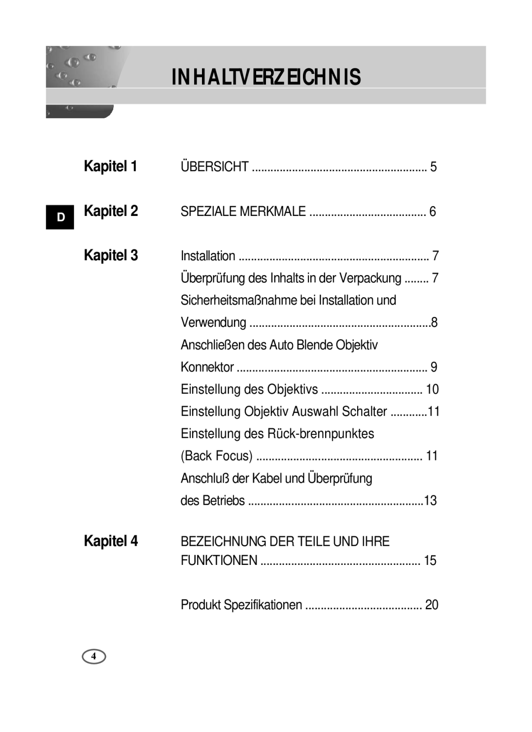 Samsung SCC-B1091P/TRK, SCC-B1391P/SAU, SCC-B1391P/TRK manual Inhaltverzeichnis 