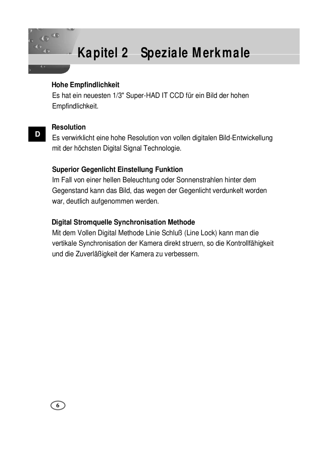 Samsung SCC-B1091P, SCC-B1391P Kapitel 2 Speziale Merkmale, Hohe Empfindlichkeit, Superior Gegenlicht Einstellung Funktion 