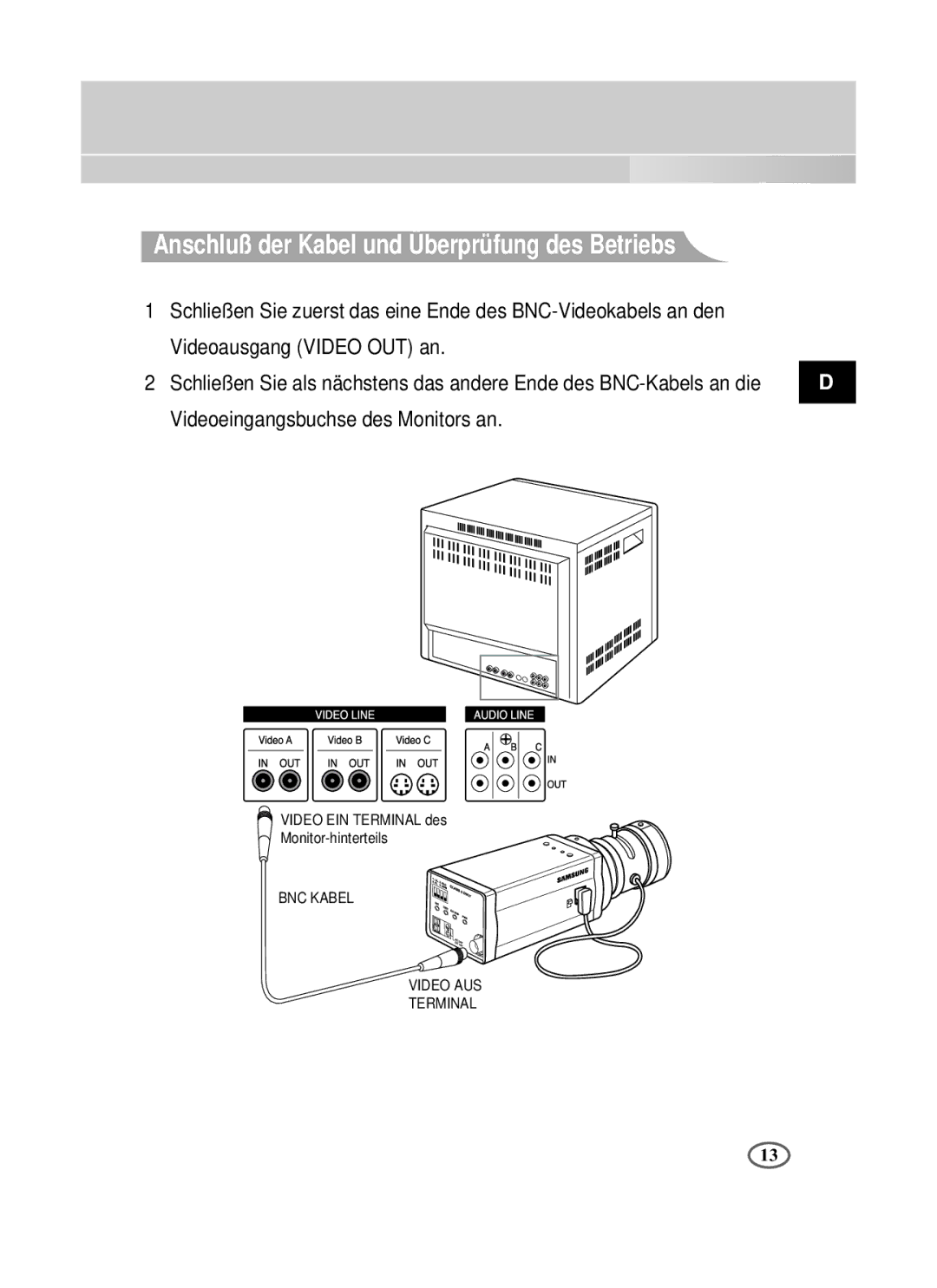 Samsung SCC-B1391P/SAU, SCC-B1091P/TRK, SCC-B1391P/TRK manual Anschluß der Kabel und Überprüfung des Betriebs 