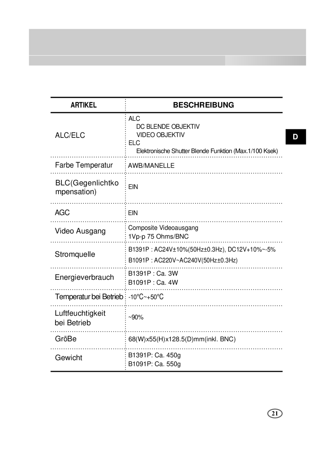 Samsung SCC-B1391P/SAU, SCC-B1091P/TRK, SCC-B1391P/TRK manual Artikel Beschreibung 