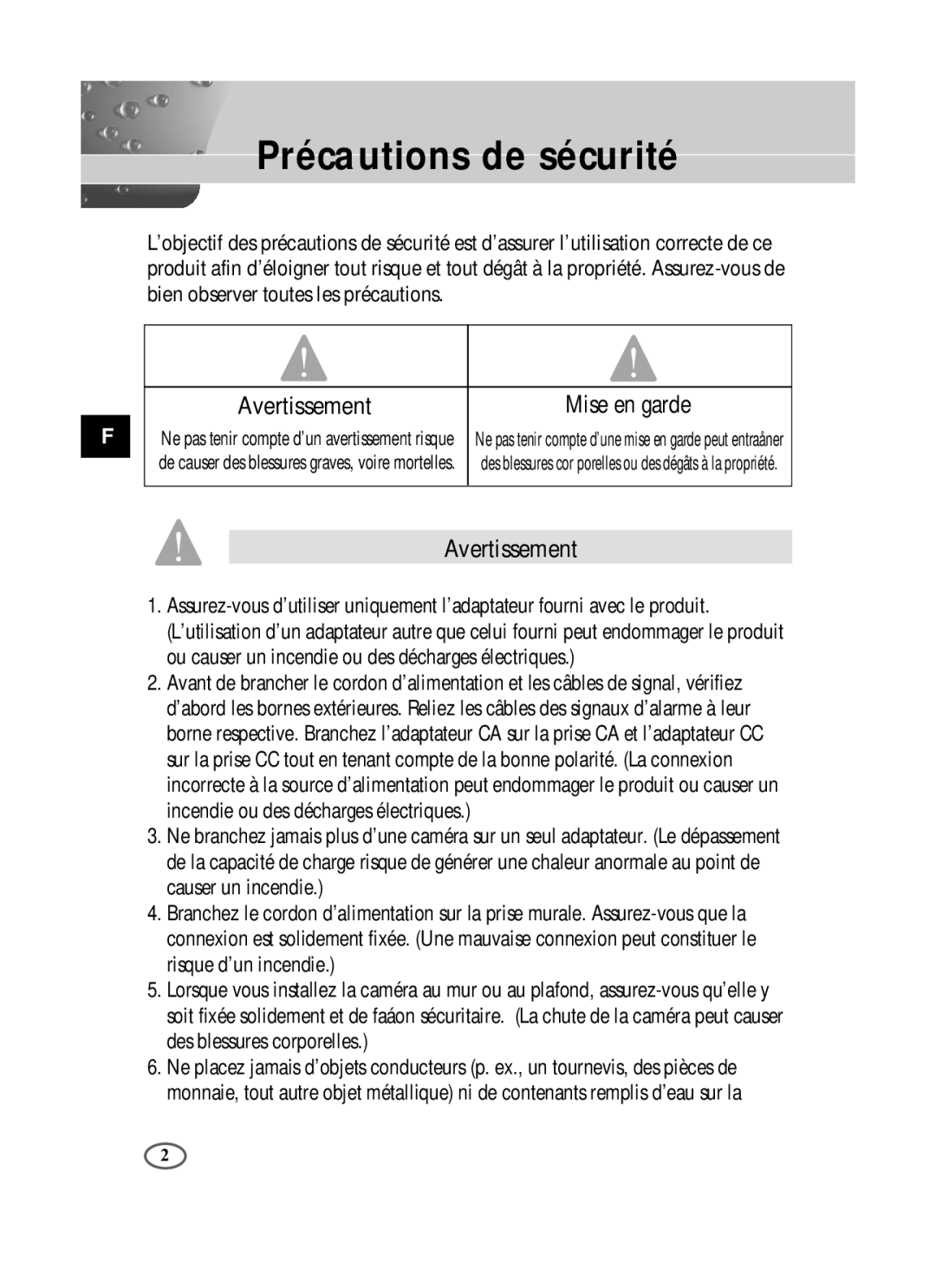 Samsung SCC-B1391P/SAU, SCC-B1091P/TRK, SCC-B1391P/TRK manual Précautions de sécurité, Avertissement Mise en garde 