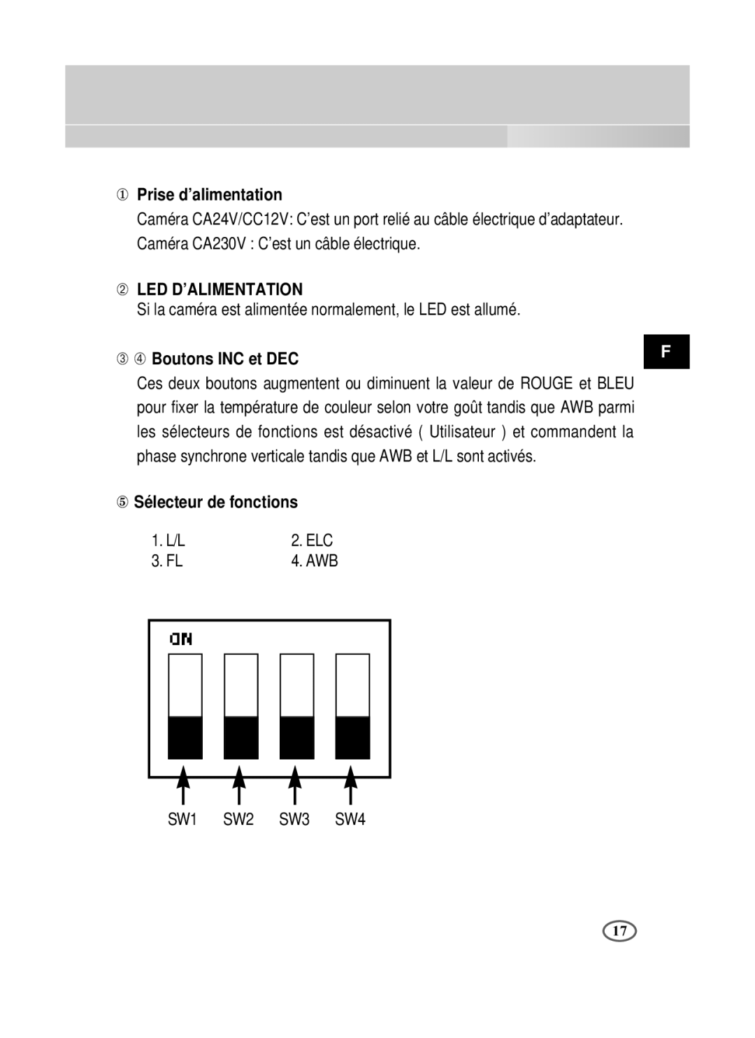 Samsung SCC-B1391P/SAU, SCC-B1091P/TRK manual ① Prise d’alimentation, ➂ ➃ Boutons INC et DEC, ⑤ Sélecteur de fonctions 