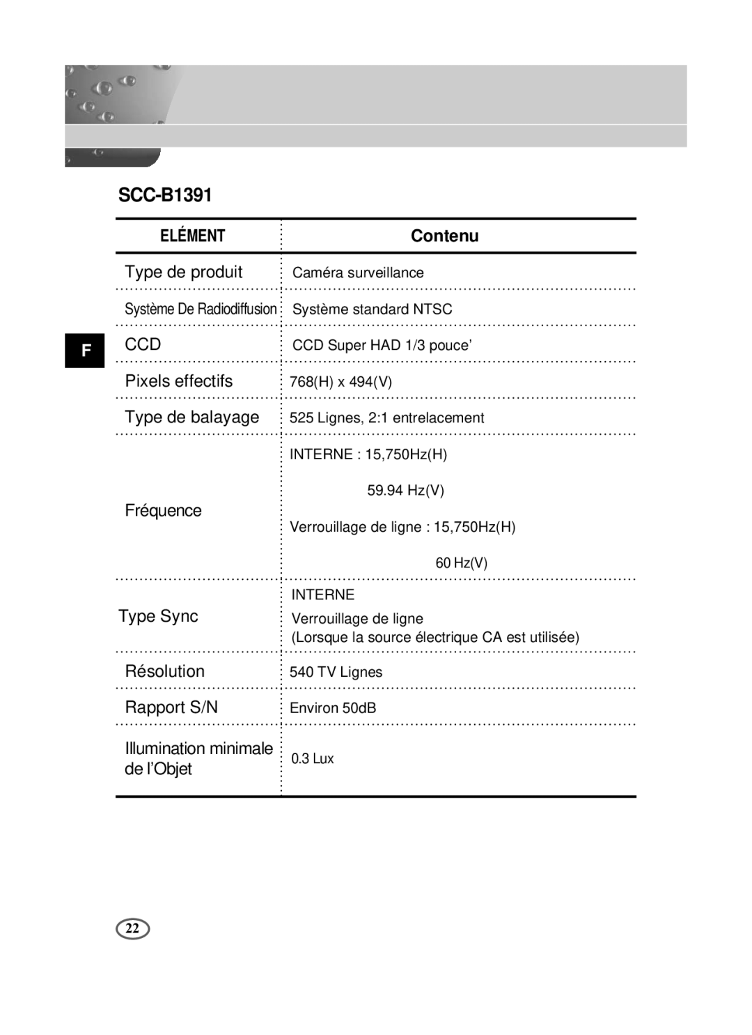 Samsung SCC-B1391P/SAU, SCC-B1091P/TRK, SCC-B1391P/TRK manual Système De Radiodiffusion Système standard Ntsc 