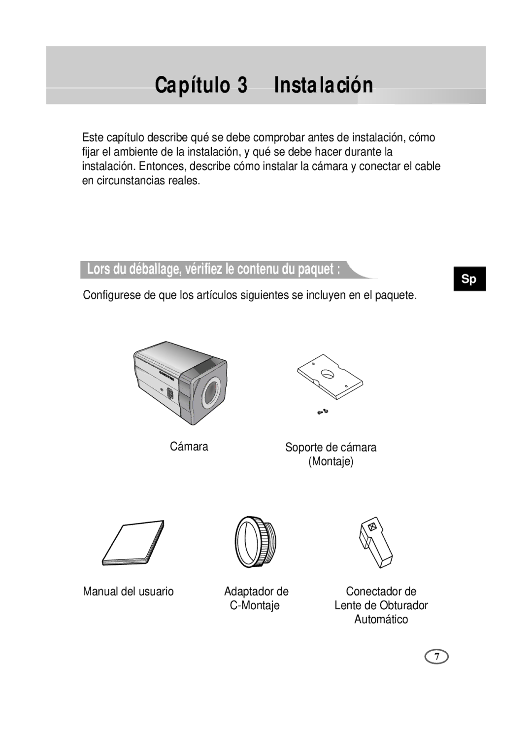 Samsung SCC-B1391P/TRK, SCC-B1091P, SCC-B1391P/SAU Capítulo 3 Instalación, Lors du déballage, vérifiez le contenu du paquet 