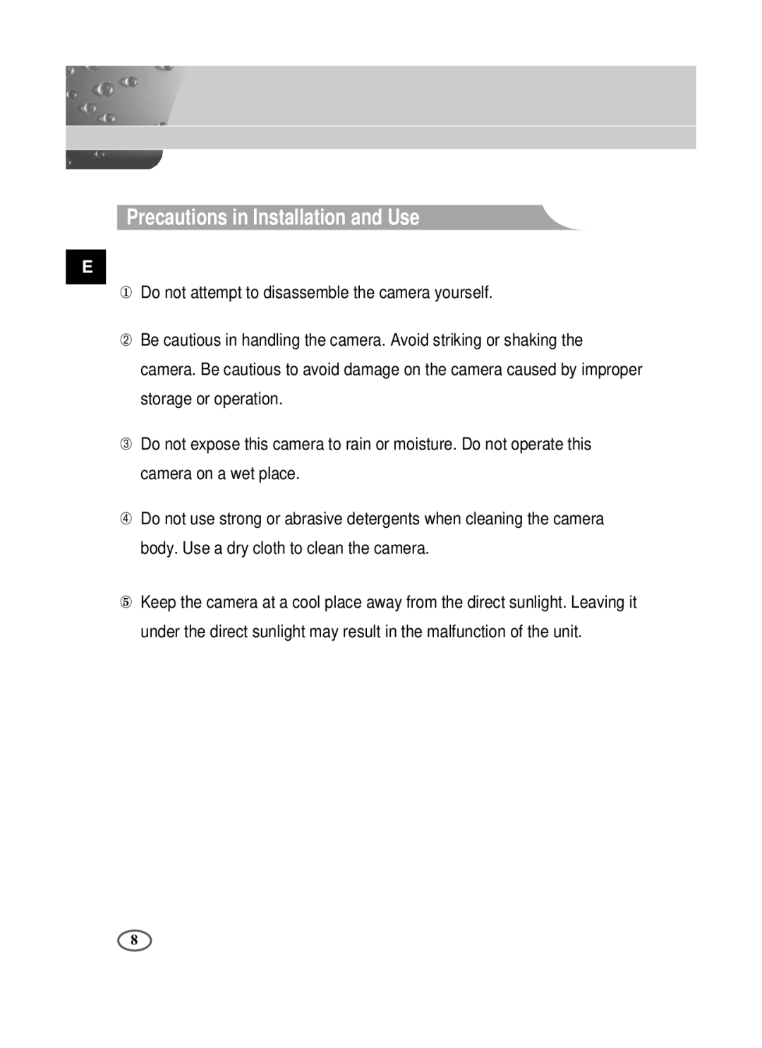 Samsung SCC-B1091P/TRK, SCC-B1391P/SAU, SCC-B1391P/TRK manual Precautions in Installation and Use 