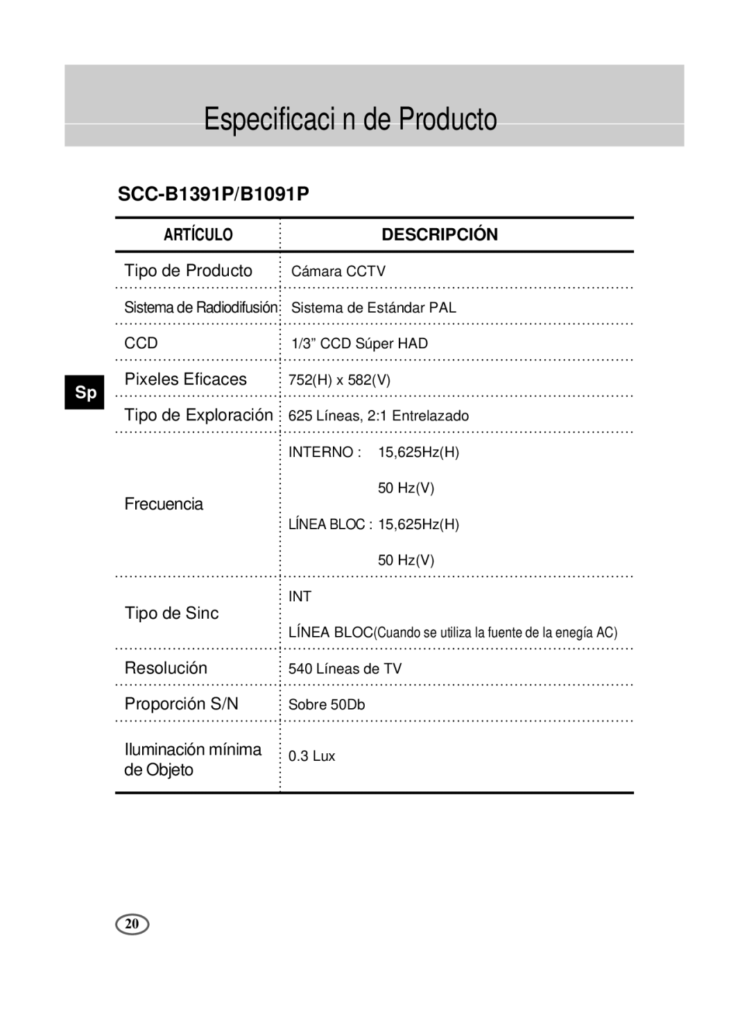 Samsung SCC-B1391P/SAU, SCC-B1091P/TRK, SCC-B1391P/TRK manual Especificación de Producto, Artículo Descripción 