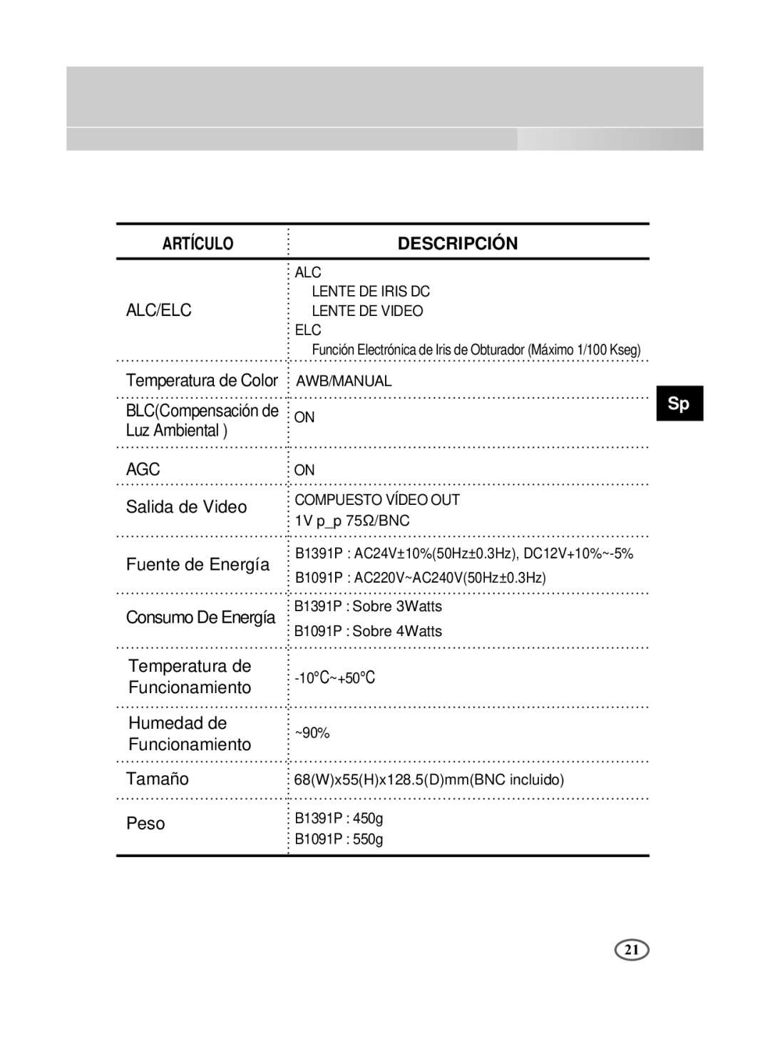 Samsung SCC-B1091P/TRK, SCC-B1391P/SAU, SCC-B1391P/TRK manual Temperatura de Color 