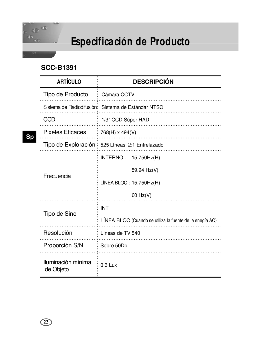 Samsung SCC-B1391P/TRK, SCC-B1391P/SAU, SCC-B1091P/TRK manual Sistema de Radiodifusión Sistema de Estándar Ntsc 