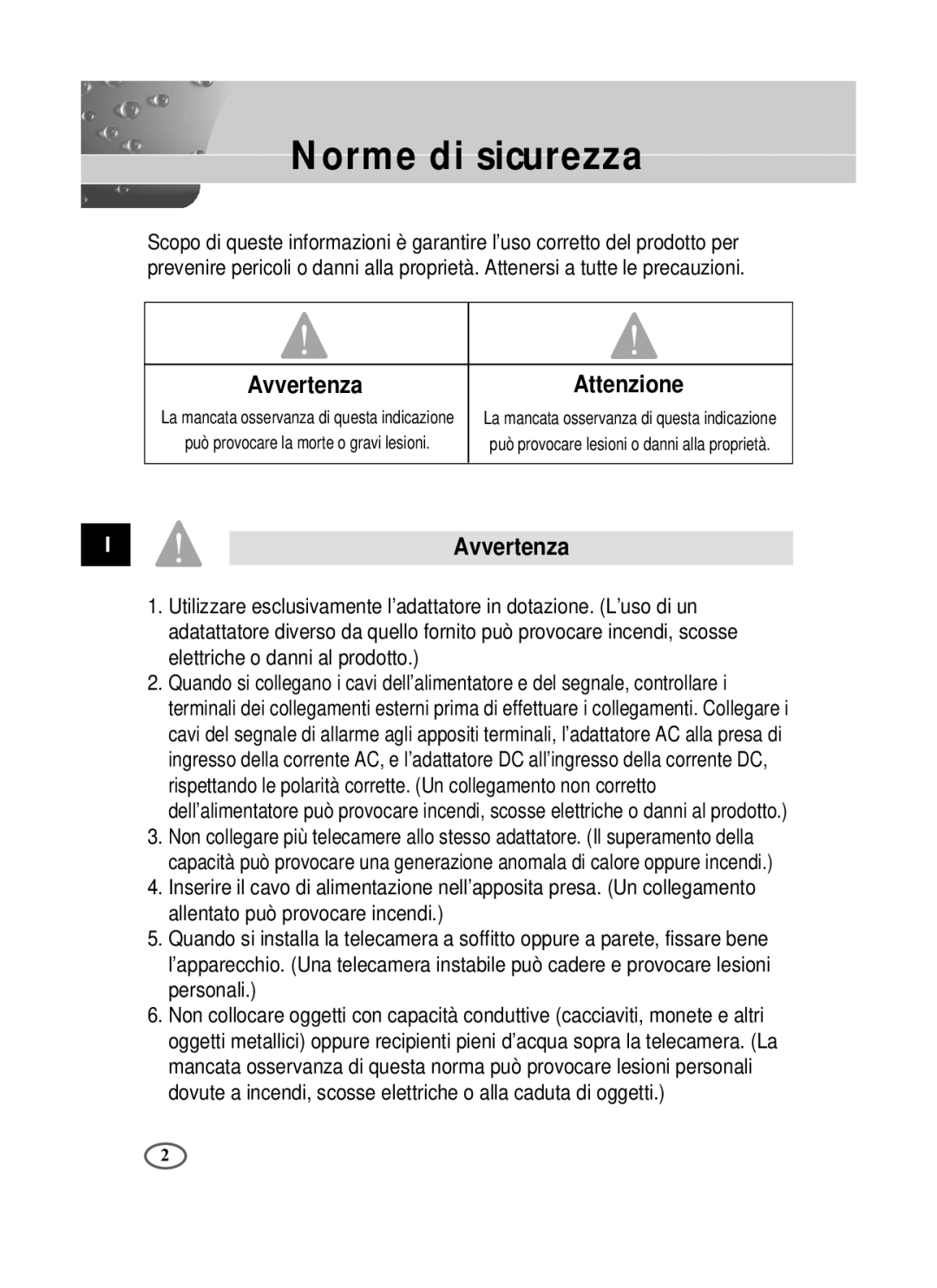 Samsung SCC-B1091P/TRK, SCC-B1391P/SAU, SCC-B1391P/TRK manual Norme di sicurezza, Avvertenza, Attenzione 