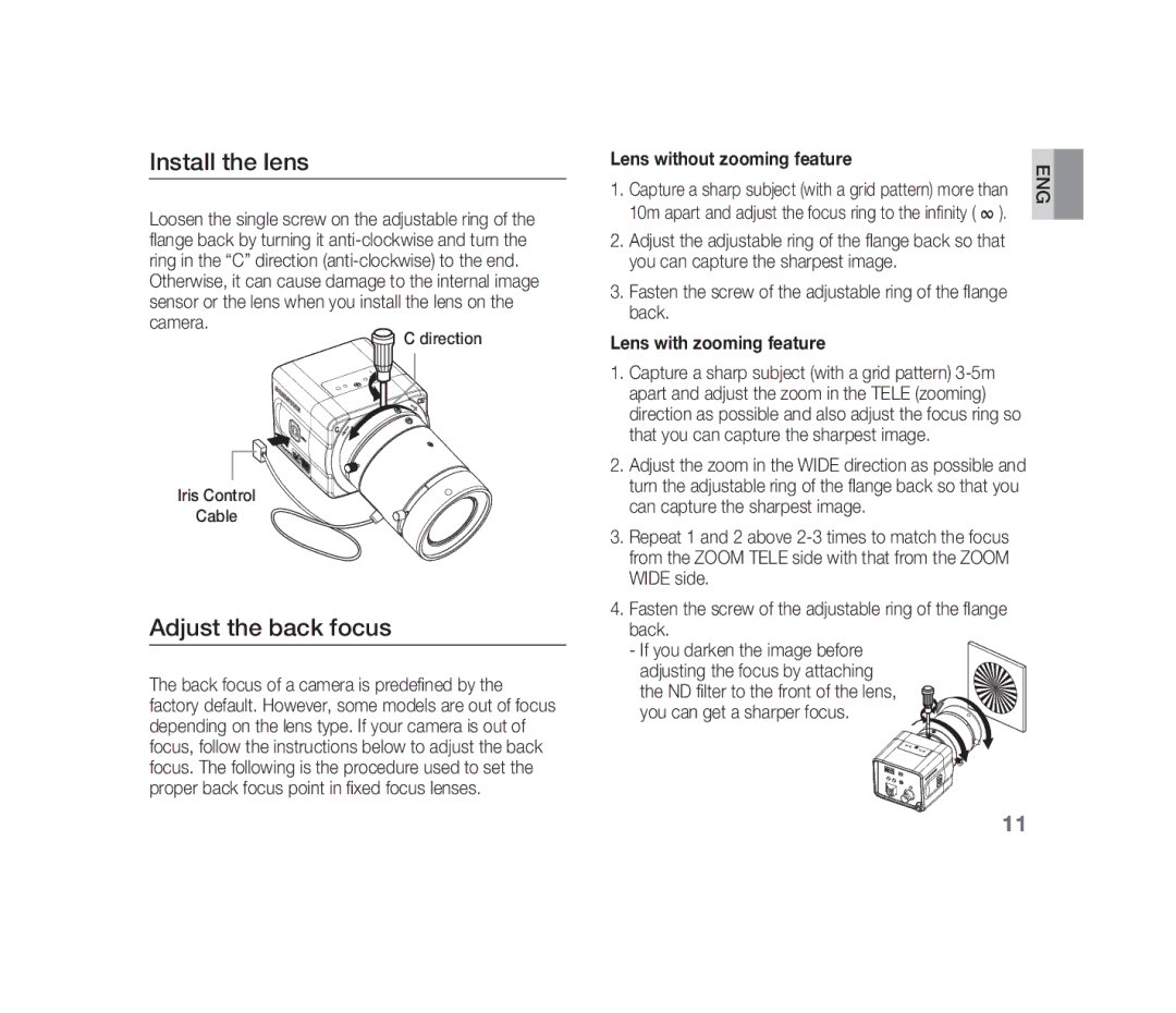 Samsung SCC-B1310P manual Install the lens, Adjust the back focus, Lens without zooming feature, Lens with zooming feature 