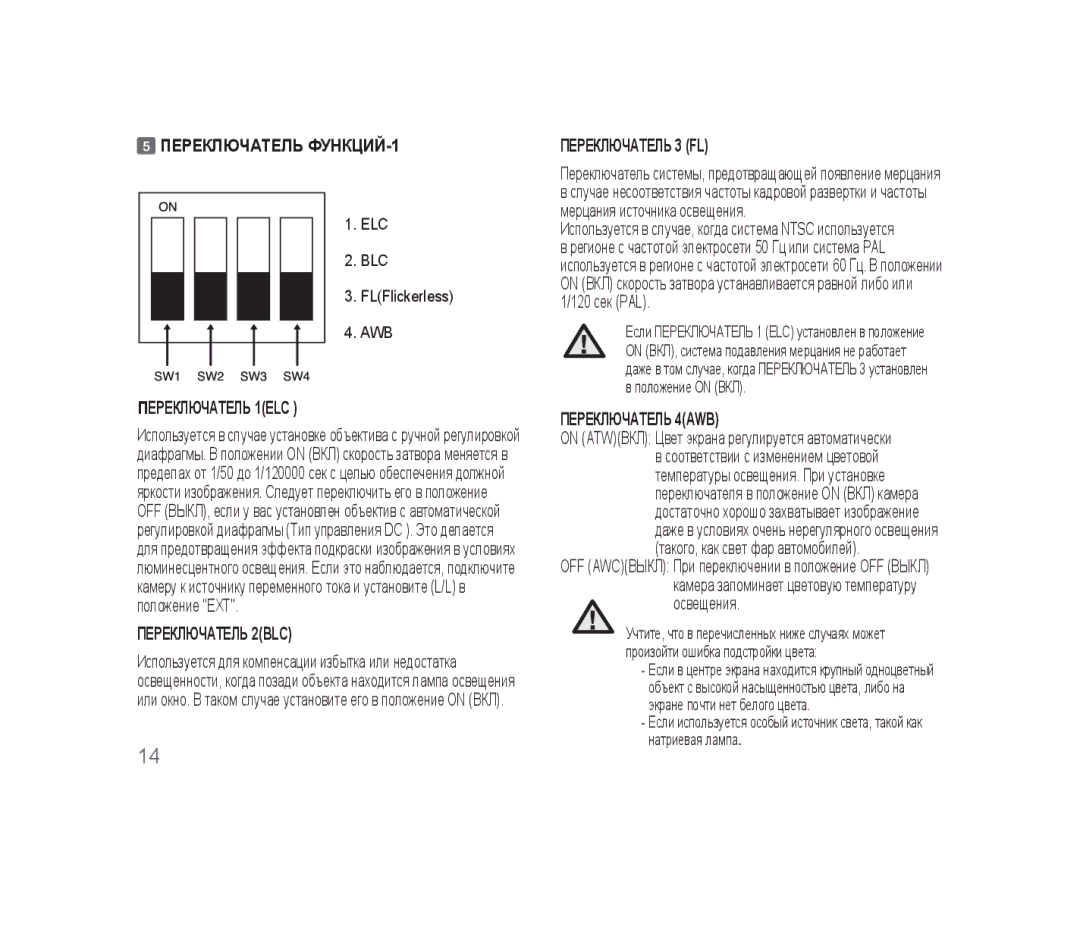 Samsung SCC-B1310P Переключатель ФУНКЦИЙ-1, Переключатель 1ELC, Переключатель 2BLC, Переключатель 3 FL, Переключатель 4AWB 