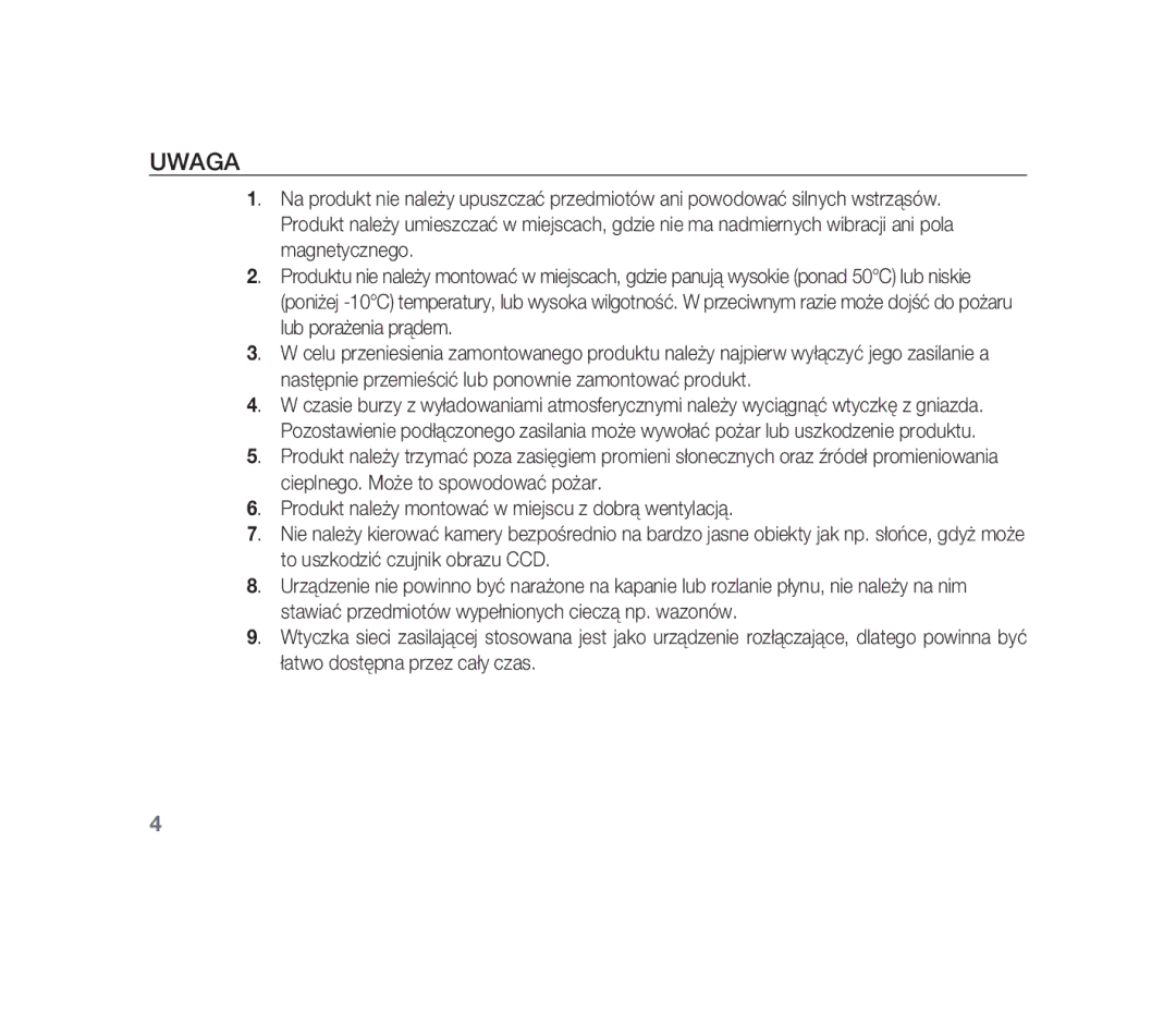 Samsung SCC-B1310P manual Uwaga 