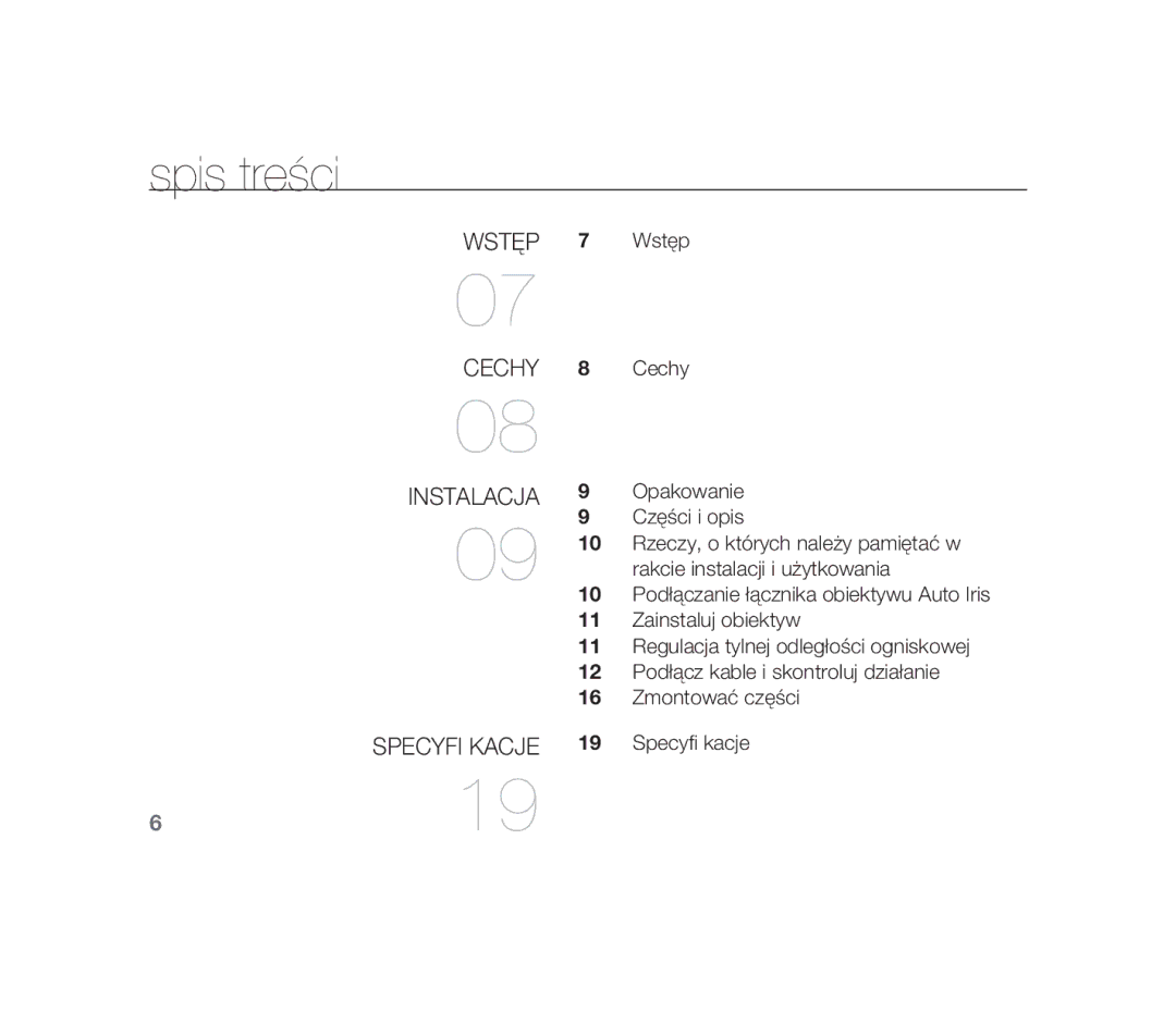 Samsung SCC-B1310P manual Spis treści, Wstęp Cechy Instalacja Specyfi kacje 