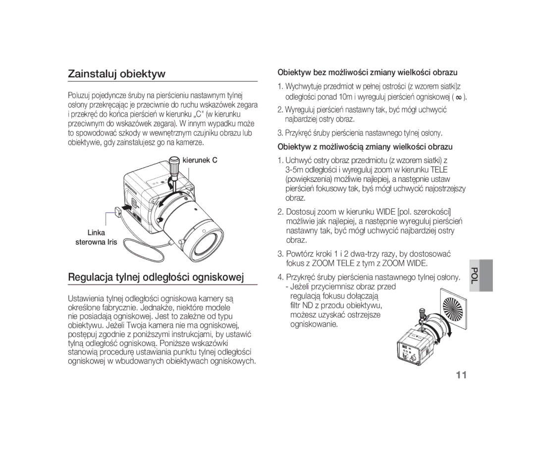 Samsung SCC-B1310P manual Zainstaluj obiektyw, Regulacja tylnej odległości ogniskowej, Kierunek C Linka Sterowna Iris 