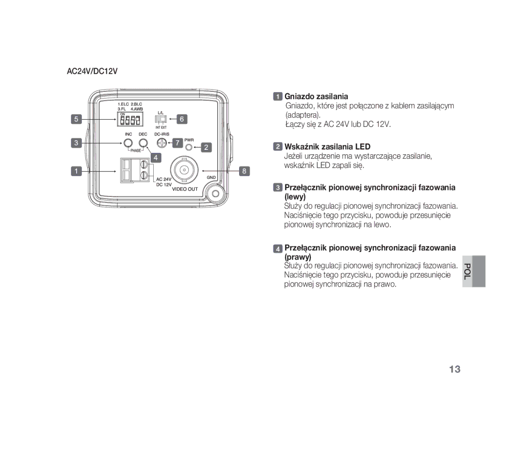 Samsung SCC-B1310P manual Gniazdo zasilania, Wskaźnik zasilania LED, Przełącznik pionowej synchronizacji fazowania lewy 