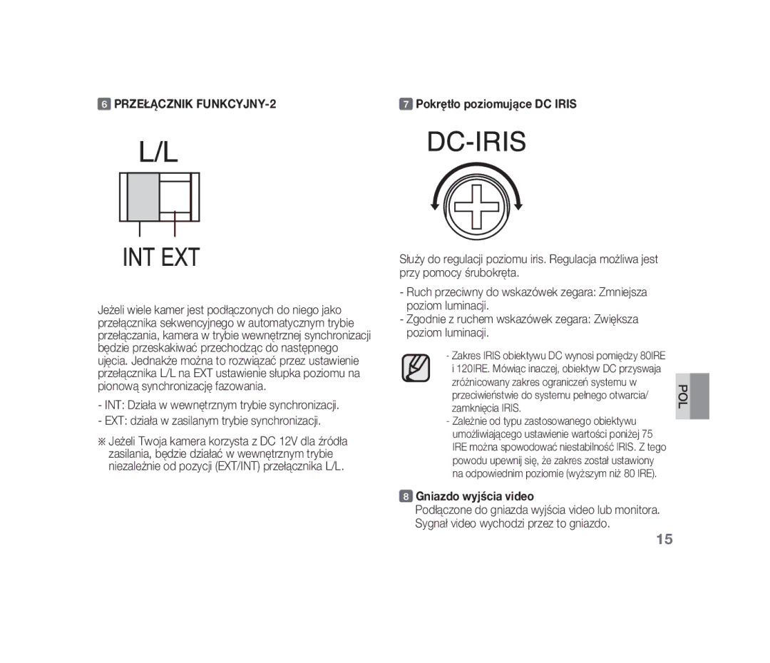 Samsung SCC-B1310P manual Przełącznik FUNKCYJNY-2, Pokrętło poziomujące DC Iris, Zamknięcia Iris, Gniazdo wyjścia video 