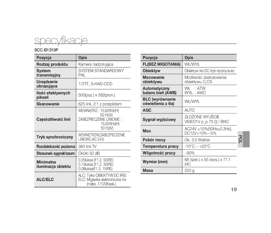 Samsung SCC-B1310P manual Specyfikacje, Flbez Migotania WŁ/WYŁ, Wł Atw, Wył. Awc, Złożone Wyjście 