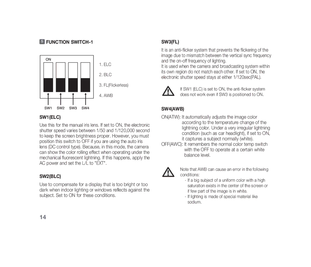 Samsung SCC-B1310P manual Function SWITCH-1, SW3FL, SW1ELC, SW2BLC, SW4AWB 