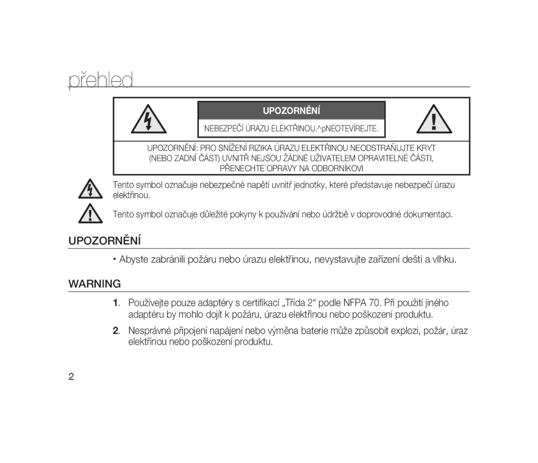 Samsung SCC-B1310P manual Přehled, Upozornění, Nebezpečí Úrazu ELEKTŘINOU.pNEOTEVÍREJTE 