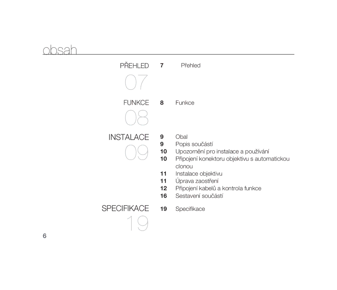 Samsung SCC-B1310P manual Obsah, Přehled Funkce 