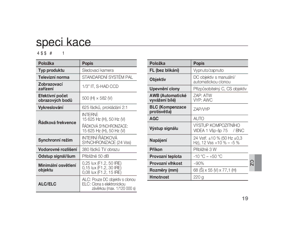 Samsung SCC-B1310P manual Specifikace 