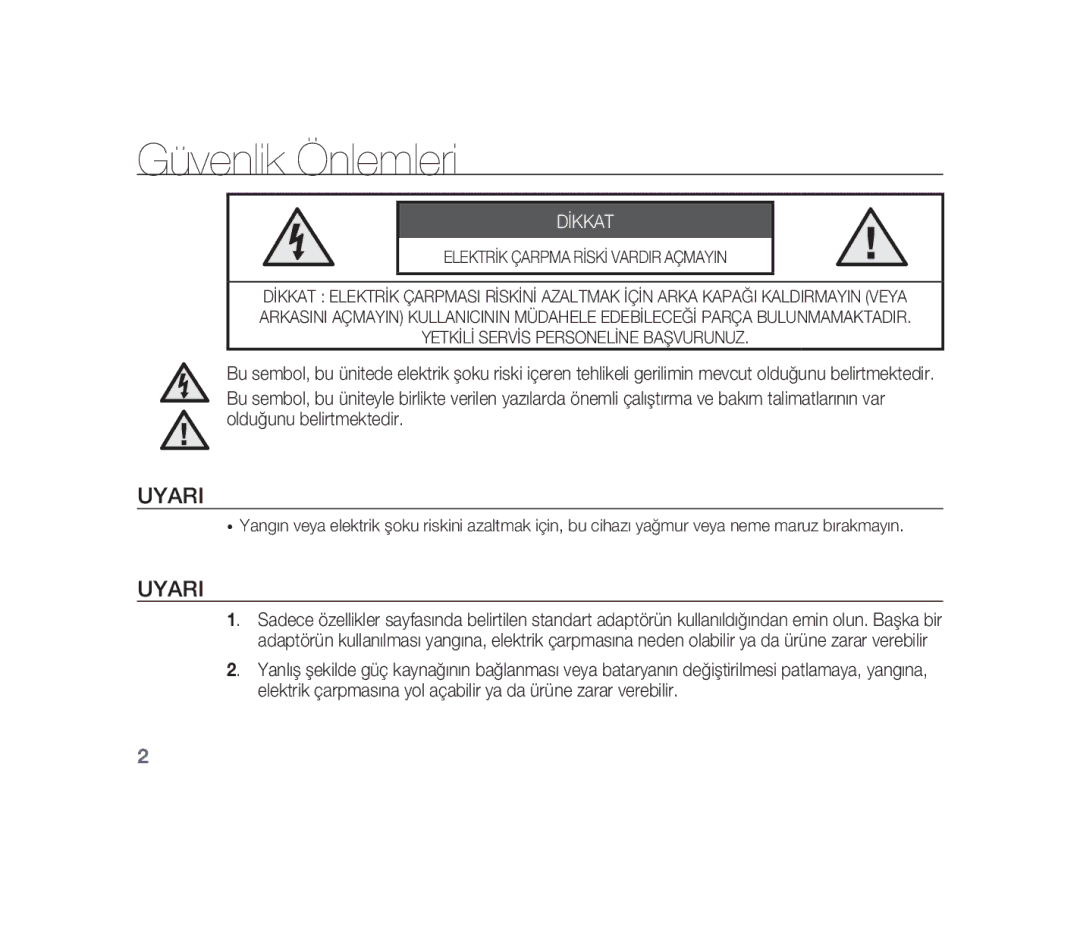 Samsung SCC-B1310P manual Güvenlik Önlemleri, Uyari 