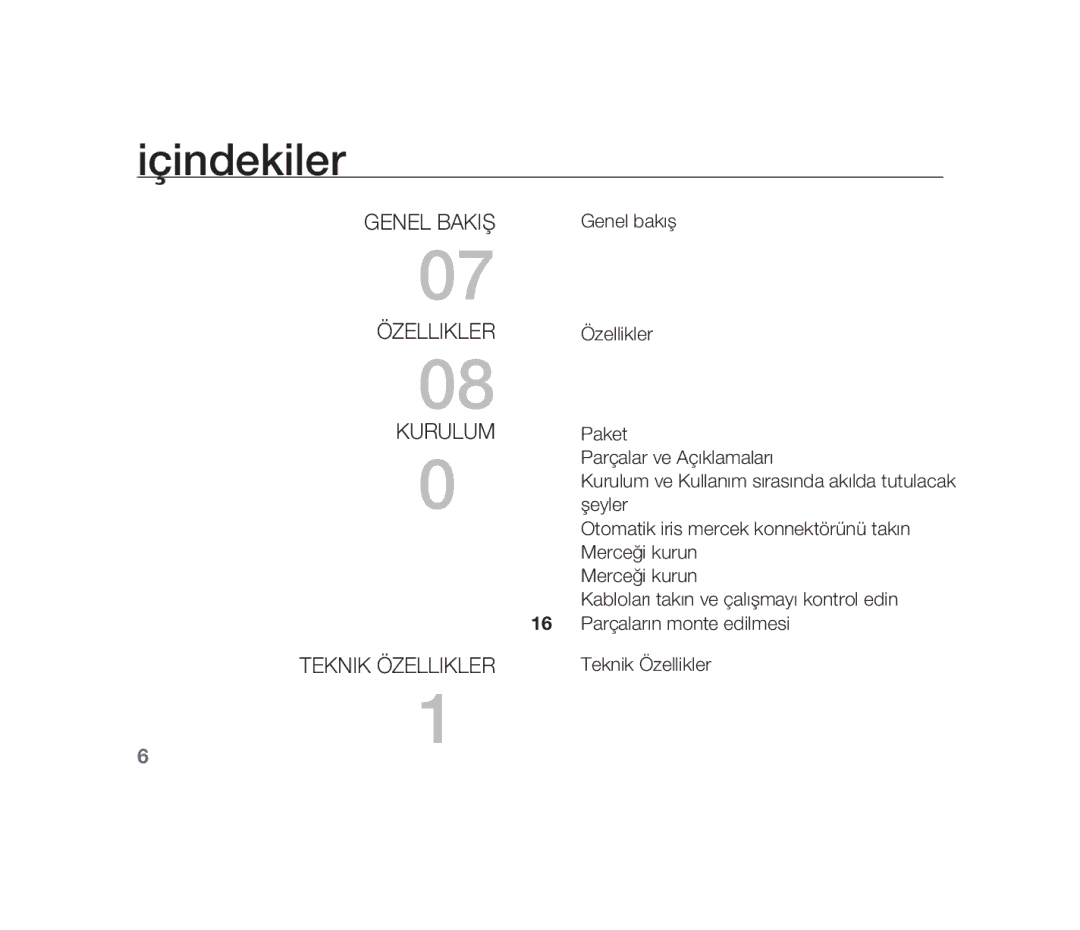 Samsung SCC-B1310P manual Içindekiler, Genel bakış, Özellikler, Kurulum, Teknik özellikler 