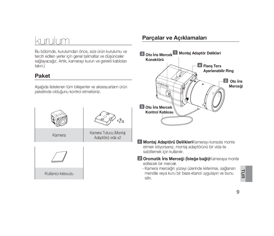 Samsung SCC-B1310P manual Kurulum, Edilecek bir mercek, Silin 