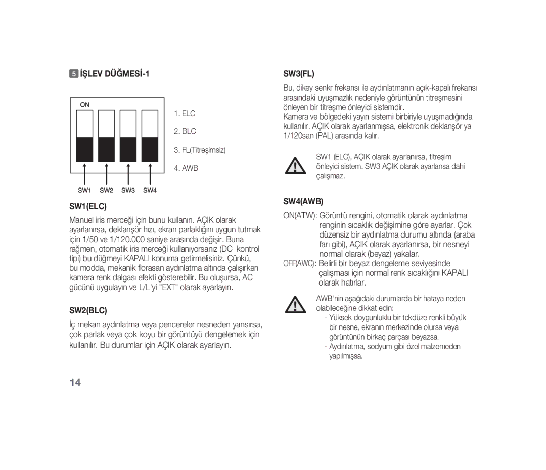 Samsung SCC-B1310P manual İşlev DÜĞMESİ-1, ELC BLC FLTitreşimsiz AWB, Kullanılır. Bu durumlar için Açik olarak ayarlayın 