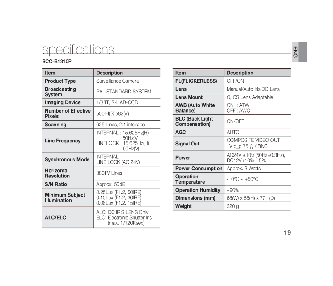 Samsung SCC-B1310P manual Specifications 