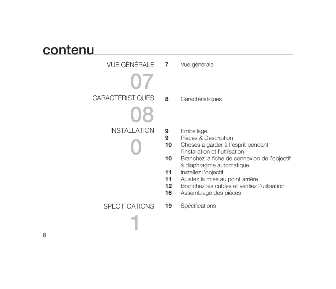 Samsung SCC-B1310P manual Contenu, VUE Générale Caractéristiques Installation Specifications 