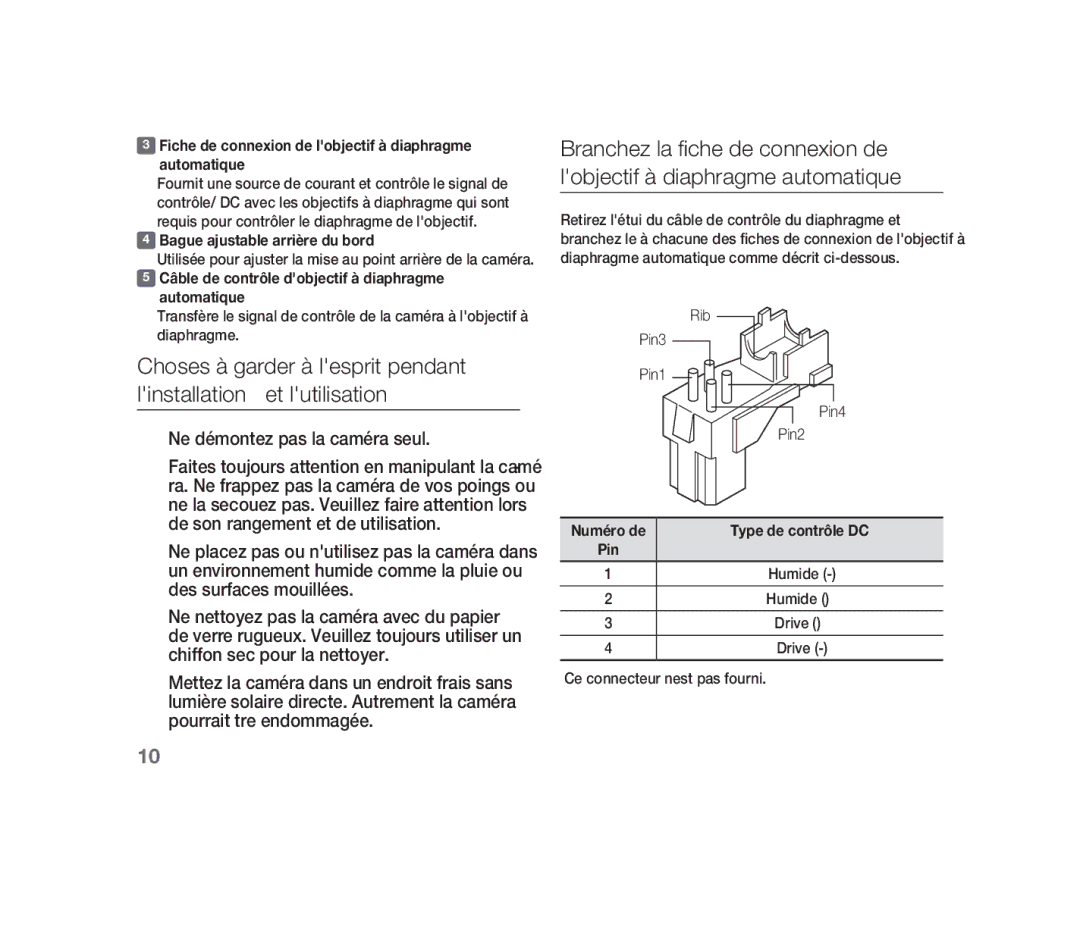 Samsung SCC-B1310P manual Fiche de connexion de lobjectif à diaphragme automatique, Bague ajustable arrière du bord 