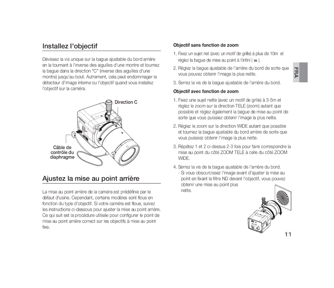 Samsung SCC-B1310P manual Installez lobjectif, Ajustez la mise au point arrière, Objectif sans fonction de zoom 